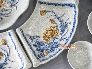 Bộ bát đĩa Hoa Mặt Trời men rạn đắp nổi Sen Cát Tường, đường kính 50cm