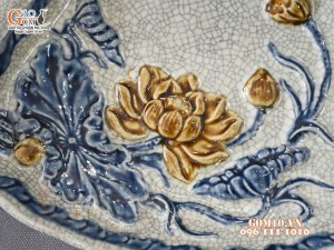 Bộ bát đĩa Hoa Mặt Trời men rạn đắp nổi Sen Cát Tường, đường kính 50cm