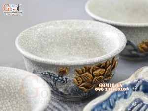 Bộ bát đĩa Hoa Mặt Trời men rạn đắp nổi Sen Cát Tường, đường kính 50cm