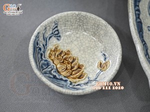 Bộ bát đĩa Hoa Mặt Trời men rạn đắp nổi Sen Cát Tường, đường kính 50cm