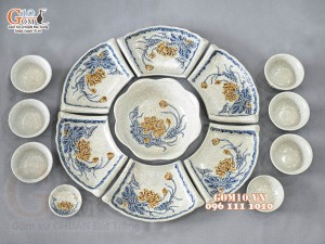 Bộ bát đĩa Hoa Mặt Trời men rạn đắp nổi Sen Cát Tường, đường kính 50cm