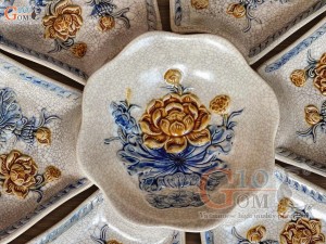 Bộ bát đĩa Hoa Mặt Trời men rạn đắp nổi Sen 15 chi tiết, đường kính 45cm