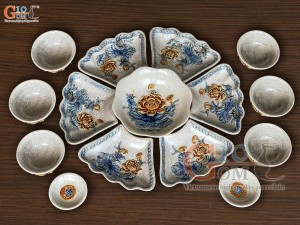 Bộ bát đĩa Hoa Mặt Trời men rạn đắp nổi Sen 15 chi tiết, đường kính 45cm