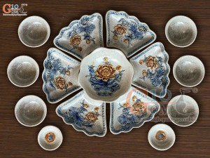 Bộ bát đĩa Hoa Mặt Trời men rạn đắp nổi Sen 15 chi tiết, đường kính 45cm