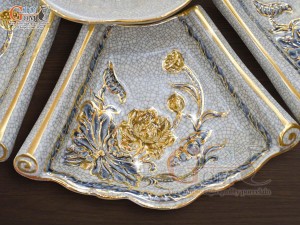 Bộ bát đĩa Hoa Mặt Trời men rạn đắp nổi Sen Cát Tường vẽ vàng 24k, đường kính 50cm