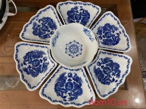 Bộ bát đĩa hoa mặt trời men trắng hoạ tiết rồng, 45cm