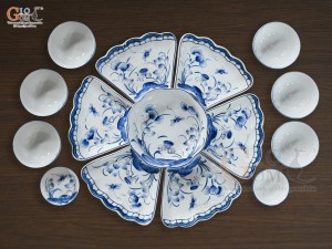 Bộ bát đĩa hoa mặt trời men trắng tô hoa vẽ hoa sen tràm chuồn, 45cm