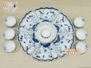 Bộ bát đĩa hoa mặt trời men trắng vẽ sen tràm cổ, kích thước 45cm