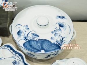 Bộ bát đĩa hoa mặt trời men trắng vẽ sen tràm cổ (19 chi tiết)