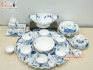 Bộ bát đĩa hoa mặt trời men trắng vẽ sen tràm cổ (19 chi tiết)