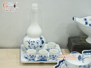 Bộ bát đĩa hoa mặt trời men trắng vẽ sen tràm cổ (19 chi tiết)