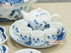 Bộ bát đĩa hoa mặt trời men trắng vẽ sen tràm cổ (19 chi tiết)