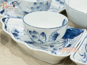 Bộ bát đĩa hoa mặt trời men trắng vẽ sen tràm cổ (19 chi tiết)