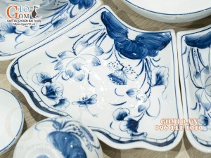 Bộ bát đĩa hoa mặt trời men trắng vẽ sen tràm cổ (19 chi tiết)