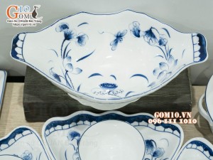 Bộ bát đĩa hoa mặt trời men trắng vẽ sen tràm cổ (19 chi tiết)