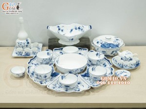 Bộ bát đĩa hoa mặt trời men trắng vẽ sen tràm cổ (19 chi tiết)