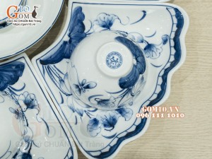 Bộ bát đĩa hoa mặt trời men trắng vẽ sen tràm cổ, kích thước 45cm