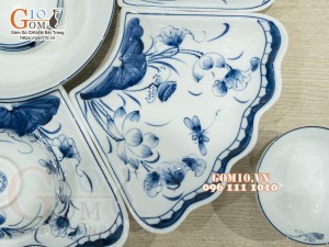 Bộ bát đĩa hoa mặt trời men trắng vẽ sen tràm cổ, kích thước 45cm