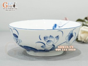 Bộ bát đĩa hoa mặt trời men trắng vẽ sen tràm cổ, kích thước 45cm