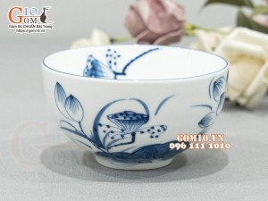 Bộ bát đĩa hoa mặt trời men trắng vẽ sen tràm cổ, kích thước 45cm