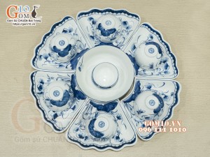 Bộ bát đĩa hoa mặt trời men trắng vẽ sen tràm cổ