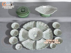 Bộ bát đĩa hoa mặt trời, đồng xanh vẽ Bèo, 55cm (17 chi tiết)