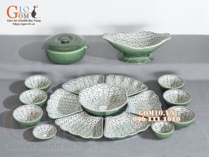 Bộ bát đĩa hoa mặt trời, đồng xanh vẽ Bèo, 55cm (17 chi tiết)