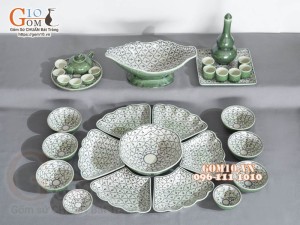 Bộ bát đĩa hoa mặt trời, đồng xanh vẽ Bèo, 55cm (18 chi tiết)