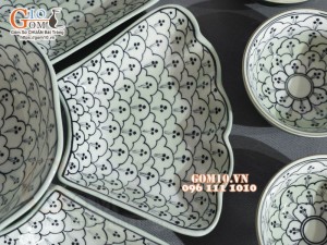 Bộ bát đĩa hoa mặt trời, đồng xanh vẽ Bèo, 55cm (18 chi tiết)