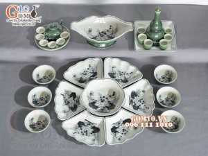 Bộ bát đĩa hoa mặt trời, đồng xanh vẽ Sen, 55cm (16 chi tiết)