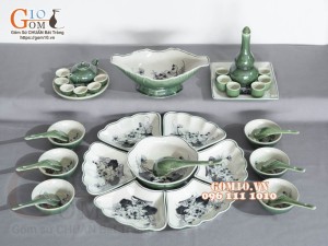 Bộ bát đĩa hoa mặt trời, đồng xanh vẽ Sen, 55cm (23 chi tiết)