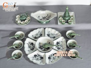 Bộ bát đĩa hoa mặt trời, đồng xanh vẽ Sen, 55cm (23 chi tiết)