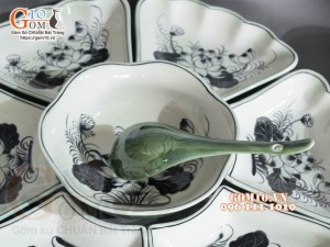 Bộ bát đĩa hoa mặt trời, đồng xanh vẽ Sen, 55cm (23 chi tiết)