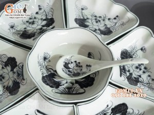 Bộ bát đĩa hoa mặt trời, đồng xanh vẽ Sen, 55cm (23 chi tiết)