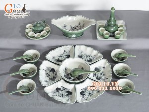 Bộ bát đĩa hoa mặt trời, đồng xanh vẽ Sen, 55cm (23 chi tiết)