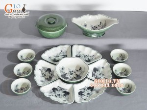 Bộ bát đĩa hoa mặt trời, đồng xanh vẽ Sen, 55cm (15 chi tiết)