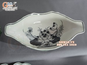 Bộ bát đĩa hoa mặt trời, đồng xanh vẽ Sen, 55cm (15 chi tiết)