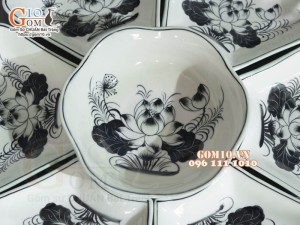 Bộ bát đĩa hoa mặt trời, đồng xanh vẽ Sen, 55cm (15 chi tiết)