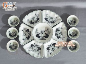 Bộ bát đĩa hoa mặt trời, đồng xanh vẽ Sen, 55cm (15 chi tiết)