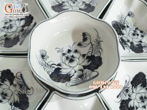 Bộ bát đĩa hoa mặt trời, đồng xanh vẽ Sen, 55cm (15 chi tiết)