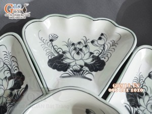 Bộ bát đĩa hoa mặt trời, đồng xanh vẽ Sen, 55cm (15 chi tiết)