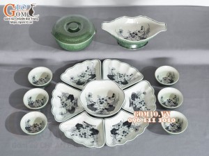 Bộ bát đĩa hoa mặt trời, đồng xanh vẽ Sen, 55cm (15 chi tiết)