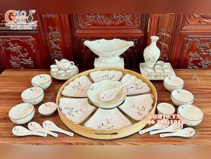 Bộ bát đĩa hoa mặt trời men kem vẽ hoa Đào phai, đầy đủ chi tiết 