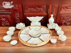 Bộ bát đĩa hoa mặt trời men kem vẽ hoa đào xanh, đầy đủ chi tiết 