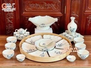 Bộ bát đĩa hoa mặt trời men kem vẽ hoa Sen đen, đầy đủ chi tiết 