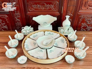 Bộ bát đĩa hoa mặt trời men kem vẽ hoa Sen xanh, đầy đủ chi tiết 