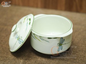 Bát nắp men kem vẽ chuồn trúc, đường kính 12cm