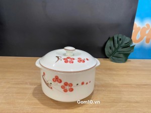 Bộ bát nắp men kem vẽ hoa đào đỏ, đường kính 12cm