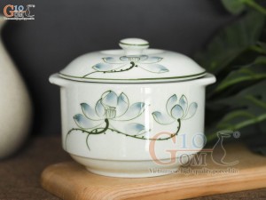 Bộ bát nắp men kem vẽ hoa Sen xanh, đường kính 12cm
