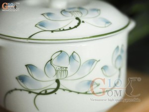 Bộ bát nắp men kem vẽ hoa Sen xanh, đường kính 12cm